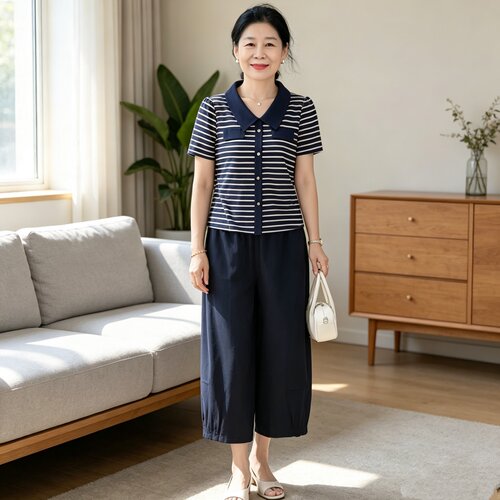妈妈夏季套装减龄时尚条纹两件套