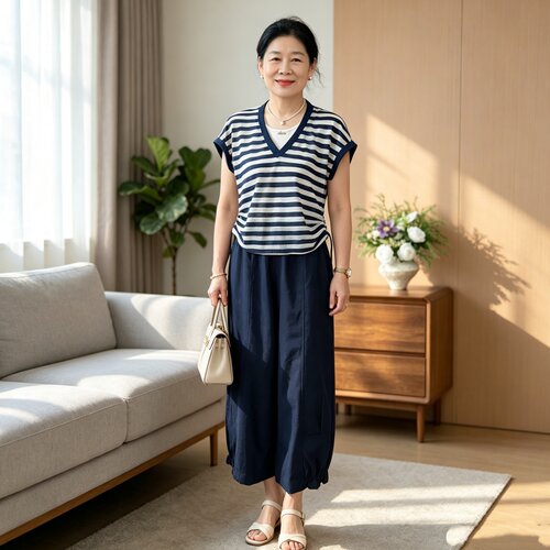 年轻妈妈夏季套装休闲条纹T恤衫1