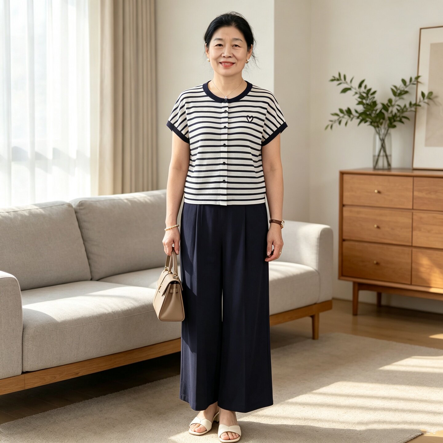 妈妈套装减龄穿搭一整套时尚条纹