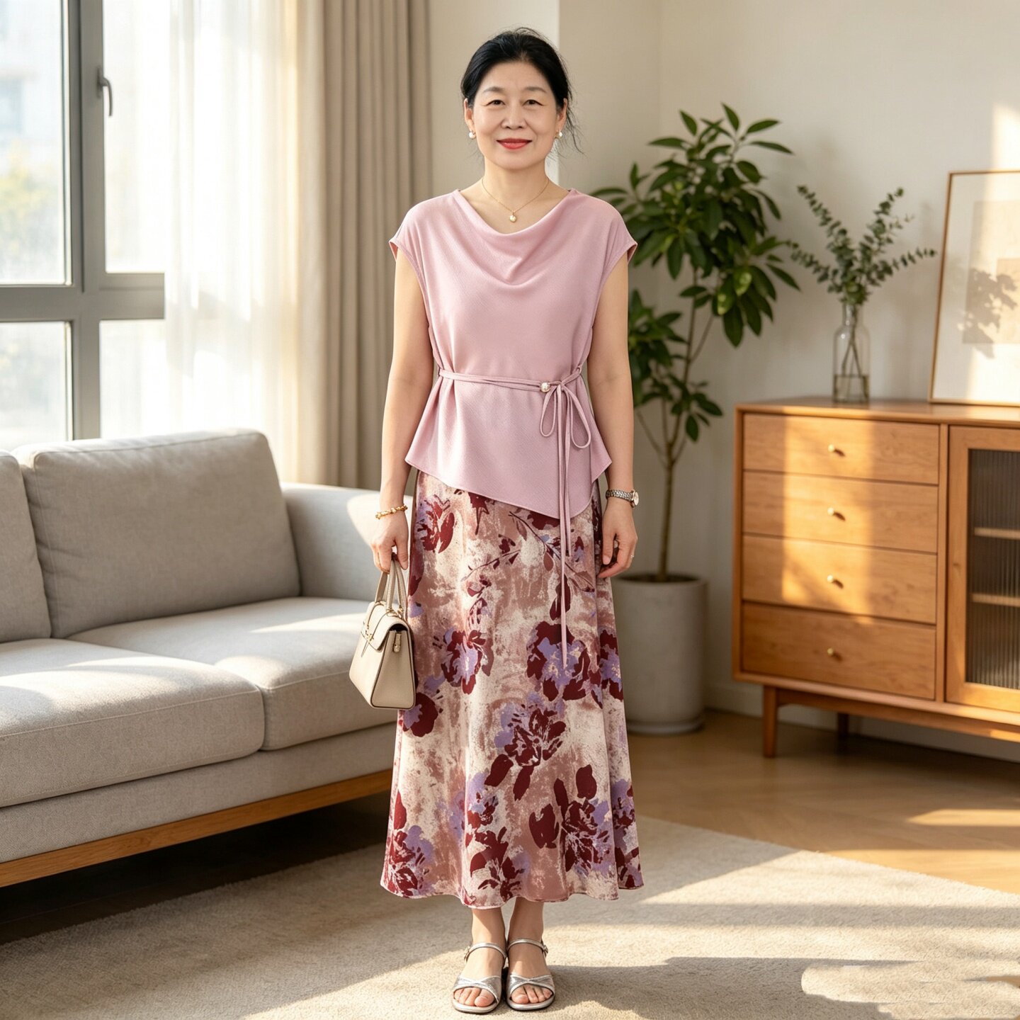 妈妈装夏季淡紫色收腰上衣套装裙