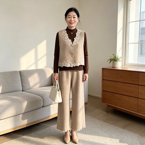 妈妈秋装花边针织马甲三件套套装