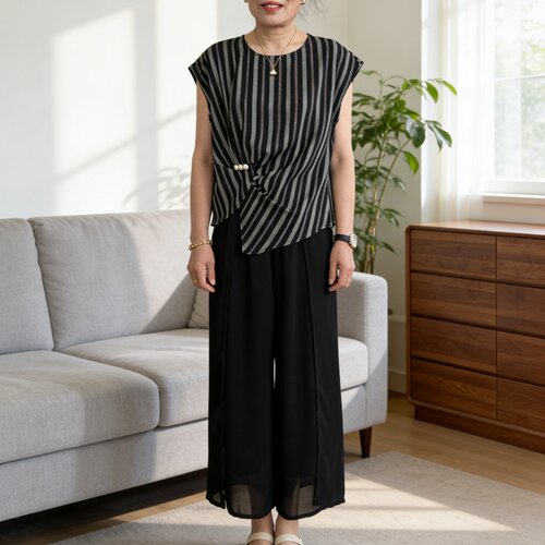 中年妈妈夏季条纹短袖裤子套装女