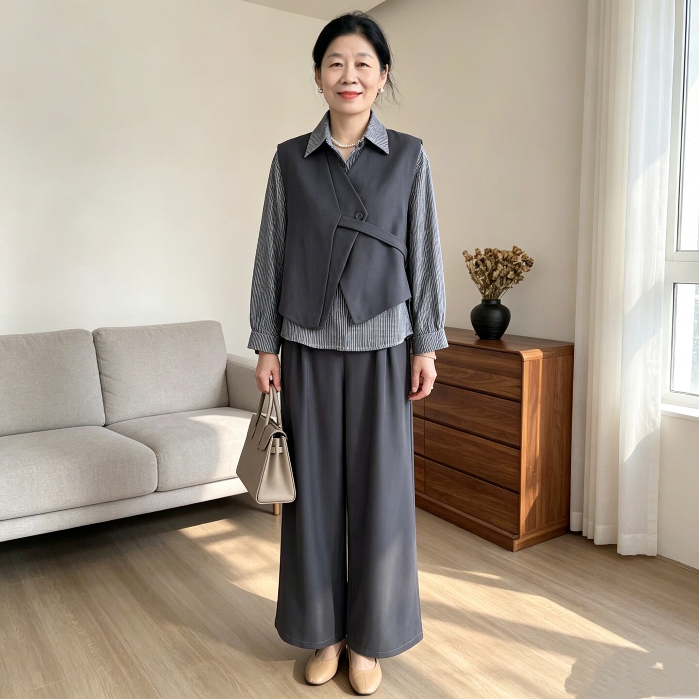 不规则马甲条纹衬衫阔腿裤套装女