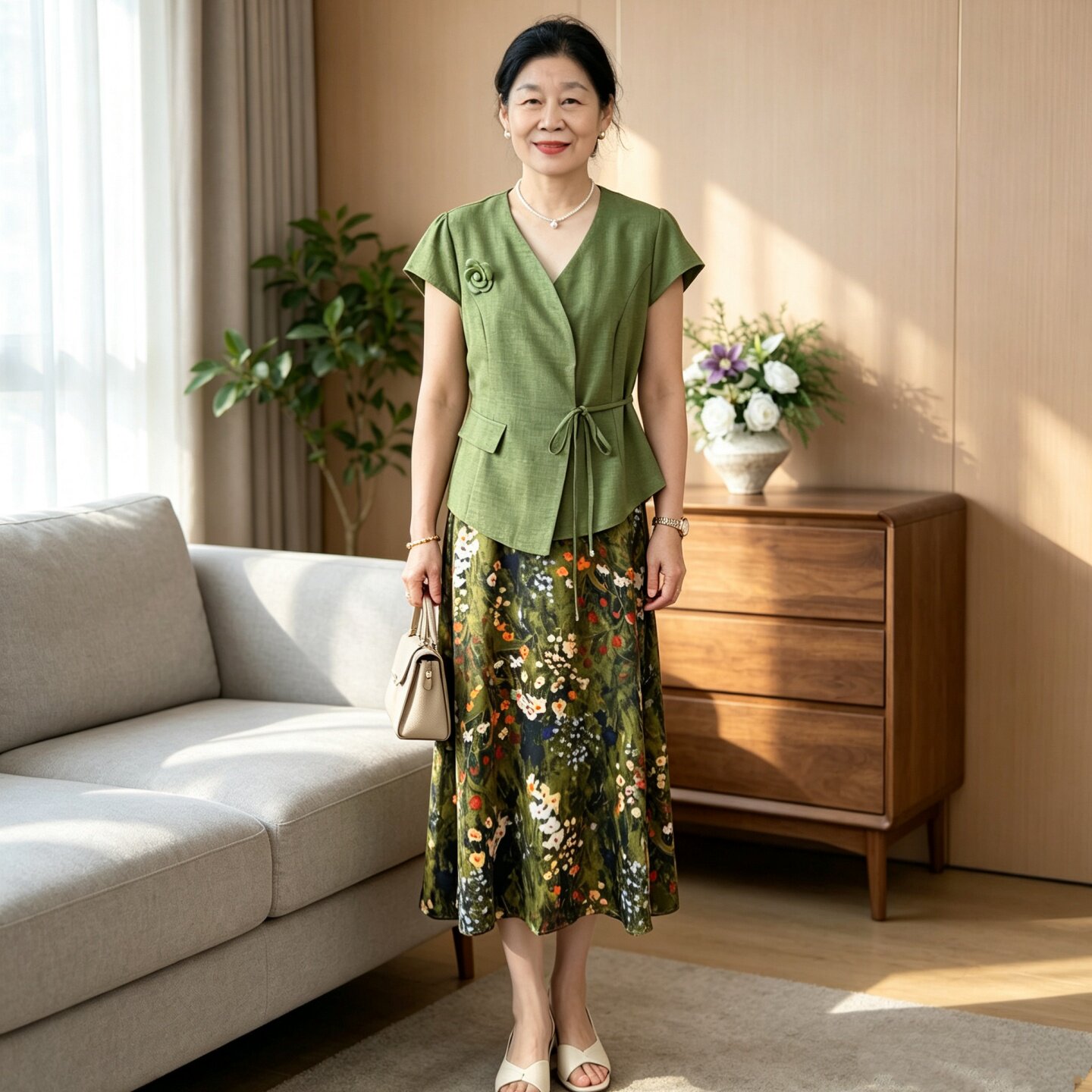 气质妈妈夏季短袖碎花半身裙套装