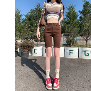 咖啡色牛仔短裤女五分高腰夏季薄款新款网红爆款毛边紧身弹力中裤