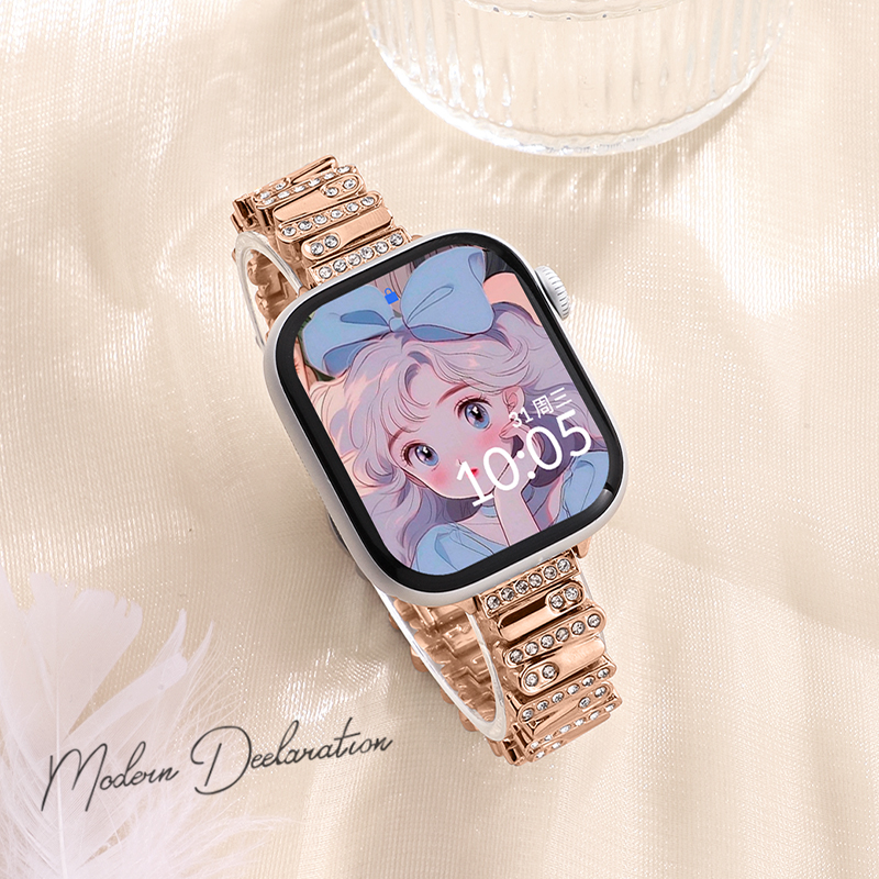 适用于AppleWatch10手表带不规则金属镶钻表链S9保护壳苹果表带高级感腕带iwatchS8/7/6代细款SE代女款配件