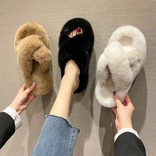 女秋冬外穿2025新款 松糕厚底交叉帶家用外出棉拖i 毛毛拖鞋 ins潮鞋