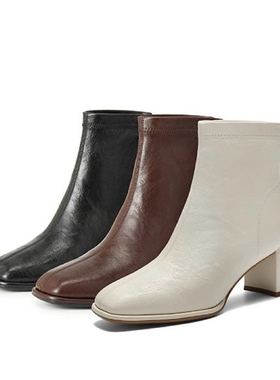 商场同款复古褶皱显瘦高跟短靴子女鞋25冬新款优雅时装靴E5U1DDD5