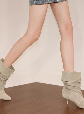 商场同款2025新款巴黎之约复古长靴时装靴棕色细跟堆堆靴9S007DS5