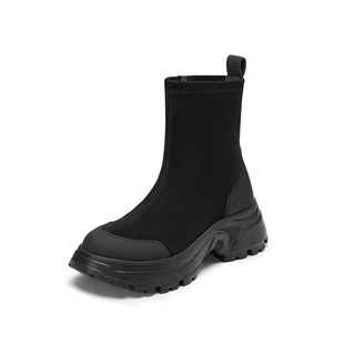 商场同款 丝绒可可海豚靴厚底瘦瘦靴女靴加绒EFU29DZ5 2025秋冬新款