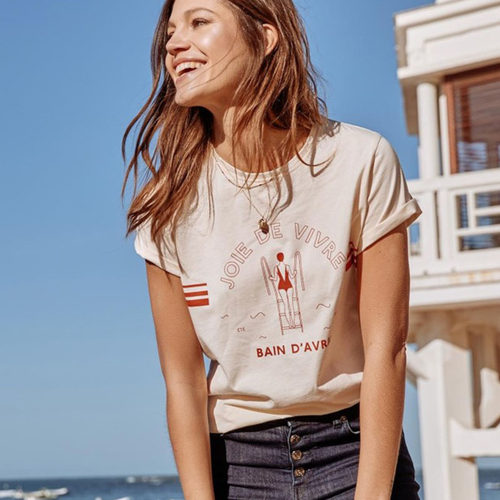 游泳少女印花圆领短袖宽松T恤