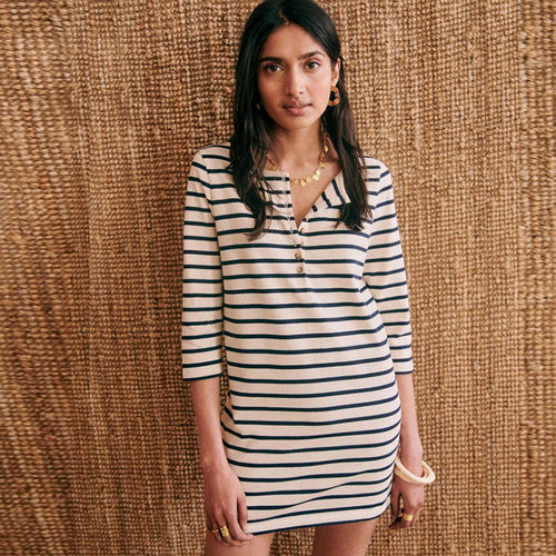 纯棉纽扣七分袖中长款T恤连衣裙