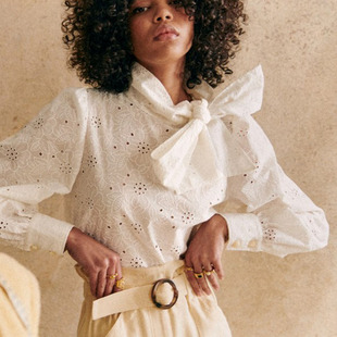 法式小众23年春夏复古宫廷风纯棉花朵刺绣立领系带蝴蝶结衬衫上衣