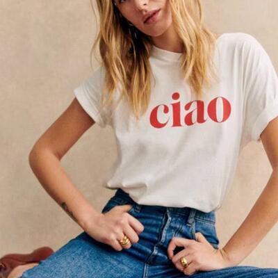 复古法式ciao字母印花棉短袖T恤