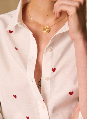 现货21年春夏法式小众纯棉复古红色桃心刺绣经典百搭直筒气质衬衫