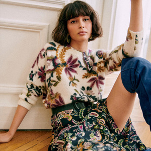 现货法式小众 22年秋冬民族繁花碎花羊毛混纺针织衫印花圆领毛衣