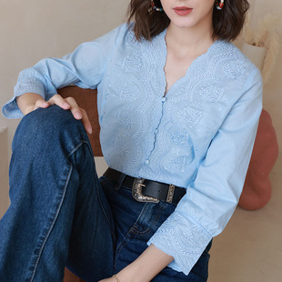 衬衫 小众超仙印尼度假风纯棉V领宽松刺绣九分袖 防晒上衣 法式 现货