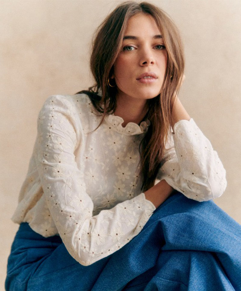 现货法式小众24年复古杏色花朵纯棉刺绣花瓣立领长袖气质衬衫上衣