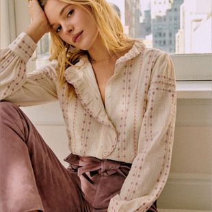 上衣 23年烂漫田园小花满绣少女花瓣领复古纯棉直筒衬衫 法式 小众