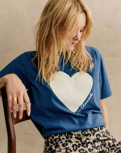 复古蓝色纯棉T恤爱心印花短袖衫