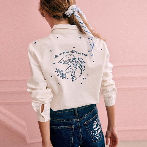 直筒文艺纽扣长袖纯棉绣花衬衫