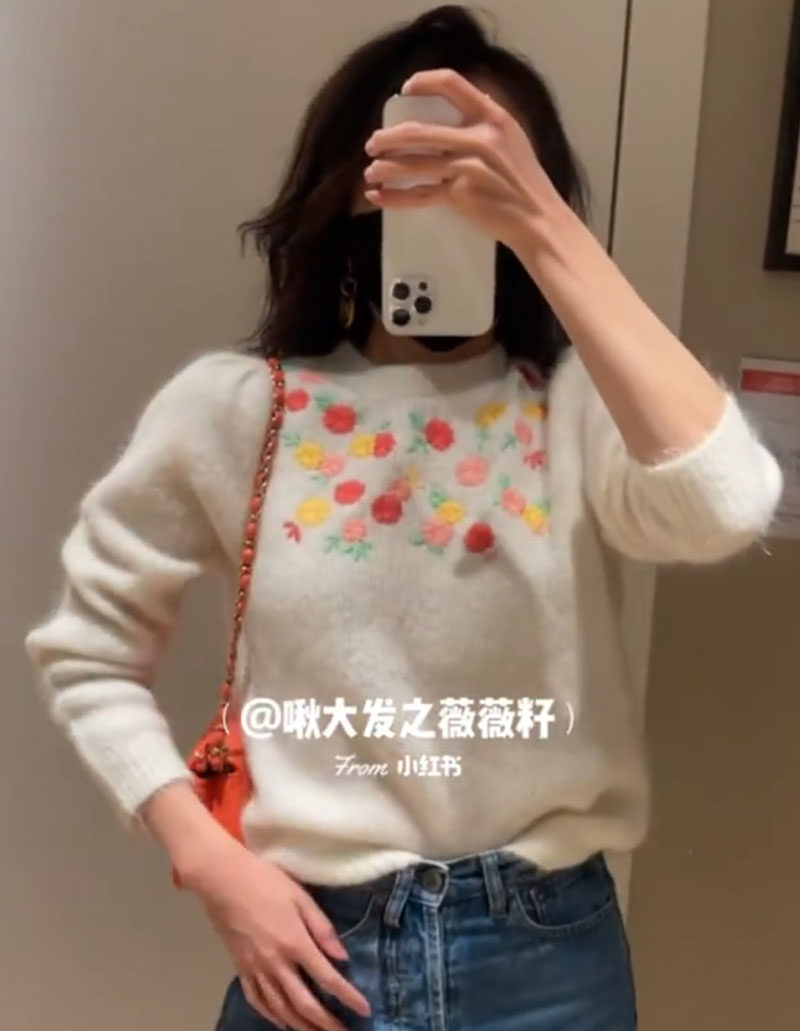 法式奶奶风可爱手绣小花羊毛毛衣