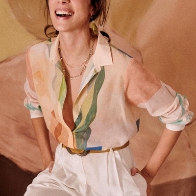 直筒纽扣长袖真丝棉梦幻印花衬衫