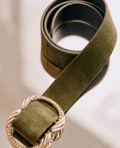 法式小众复古绿色金属扣麂皮腰带