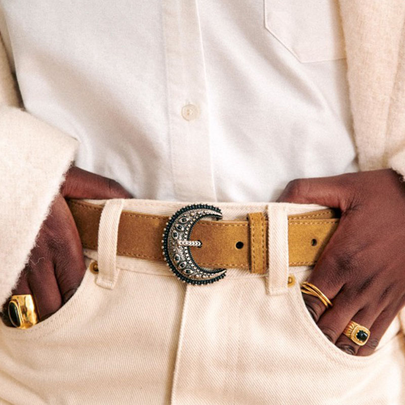 现货法式小众姜黄色麂皮牛皮复古文艺金属扣镶嵌珠百搭真皮腰带细