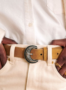 现货法式小众姜黄色麂皮牛皮复古文艺金属扣镶嵌珠百搭真皮腰带细