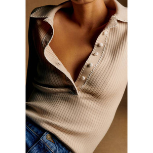 针织衫 法式 打底衫 修身 上衣 小众文艺复古坑条毛织系扣手工缝线长袖