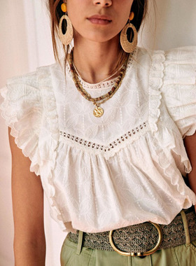 法式小众22年夏轻奢重工款露背荷叶边纯棉刺绣蕾丝飞飞袖衬衫上衣