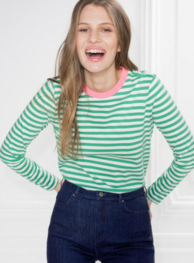 现货 法式小众23年秋冬文艺拼色领口海军风经典条纹上衣长袖T恤女