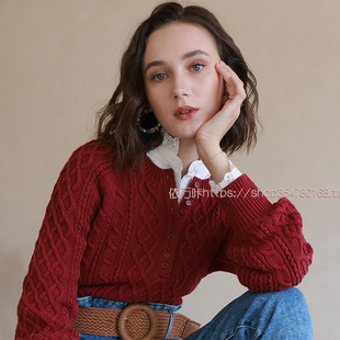 现货法式小众 22年秋冬复古纯棉麻花编纽扣门襟宽松长袖毛衣上衣