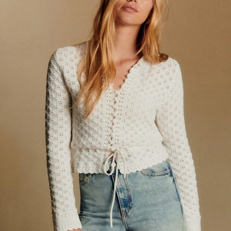 现货 法式小众纯棉复古风针织纽扣开衫圆领镂空手钩花边系带上衣