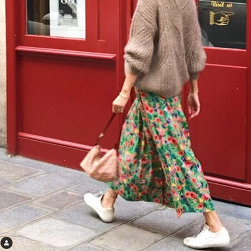 复古高腰百褶开衩印花a字裙半裙