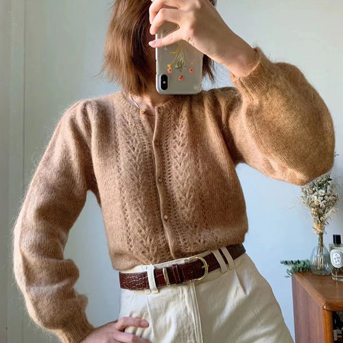 排扣圆领泡泡袖针织开衫毛衣外套