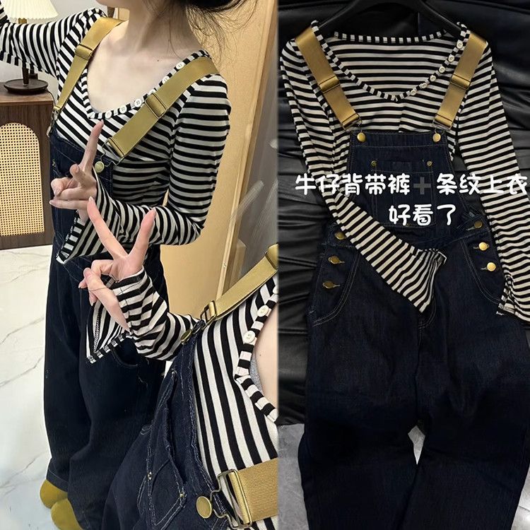 网红同款复古牛仔背带裤套装女学生韩版显瘦夏季新款条纹两件套潮