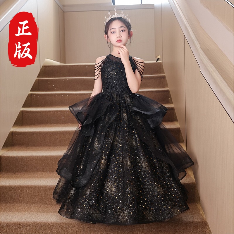 儿童走秀礼服连衣裙黑色流苏星