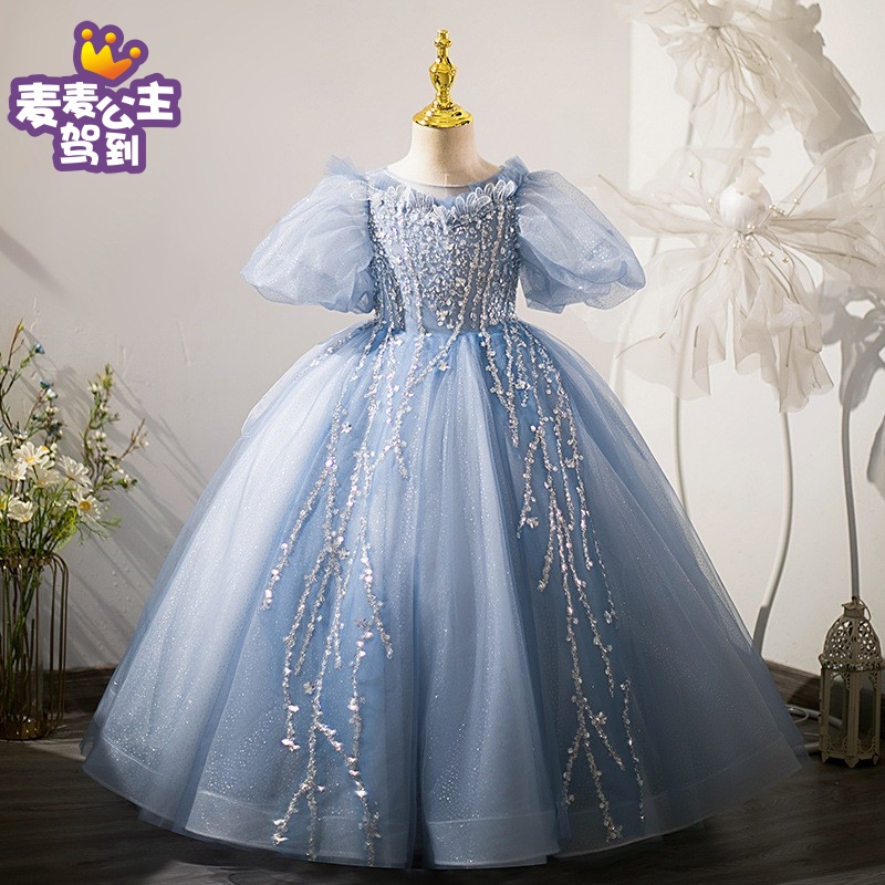 儿童礼服蓝色泡泡袖蓬蓬纱高端女
