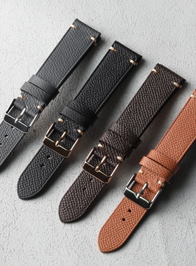 高端手掌纹真皮表带18 19 20 22MM复古黑棕灰适配古董手表男牛皮