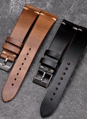 复古棕黑色Horwee霍尔文马臀皮表带复古手工制作18 20mm适配水鬼