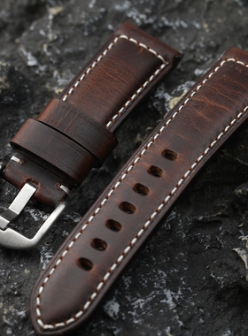 手工头层牛皮咖色20MM 22MM 24MM加厚真皮适配胖大海PAM111男表链