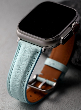 手工鸵鸟皮表带适配苹果手表 49MM 46MM 45MM 44MM S12 Ultra2男