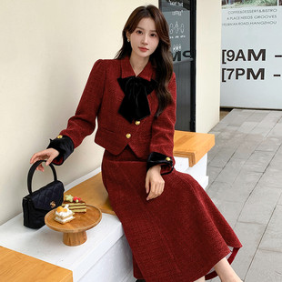 翻袖 2025新款 拼接设计轻奢两件套女 秋冬名媛气质穿搭套裙