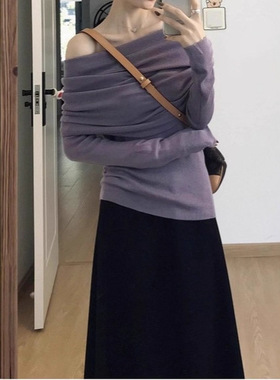 纯欲风紫色斜肩上衣女2025年秋季搭配黑色高腰半身裙时尚两件套装