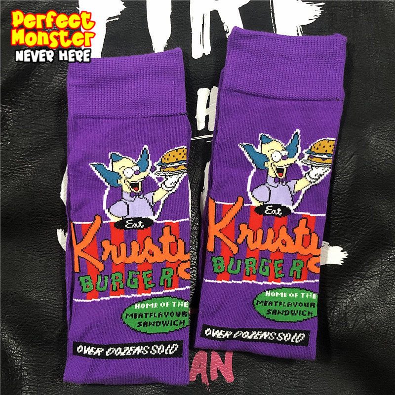 辛普森krusty汉堡卡通中筒袜街舞滑板潮袜子