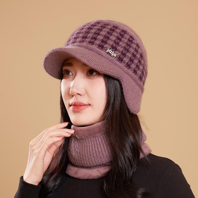 帽子女士秋冬天妈妈针织帽加绒防寒鸭舌毛线帽中老年人保暖护耳帽