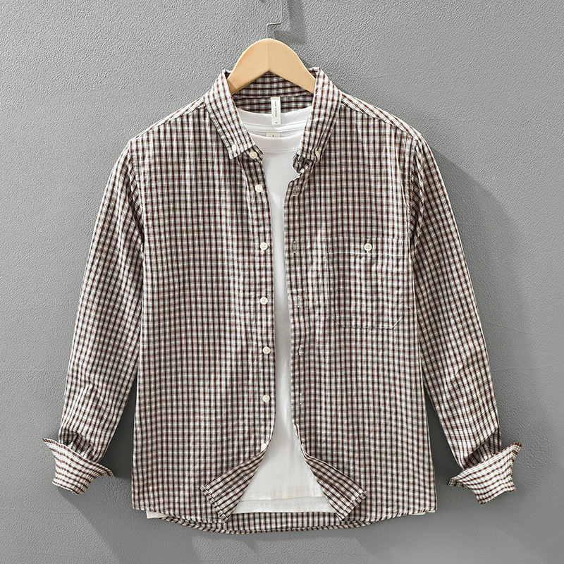 日系复古格子长袖衬衫男士春秋新