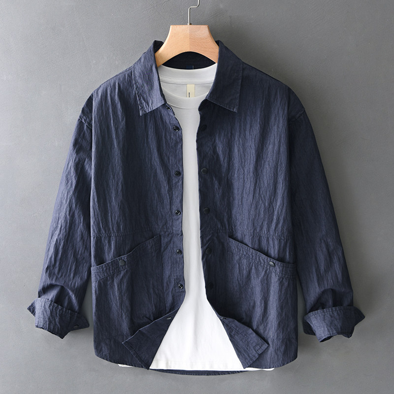 日系复古设计感长袖大口袋衬衫